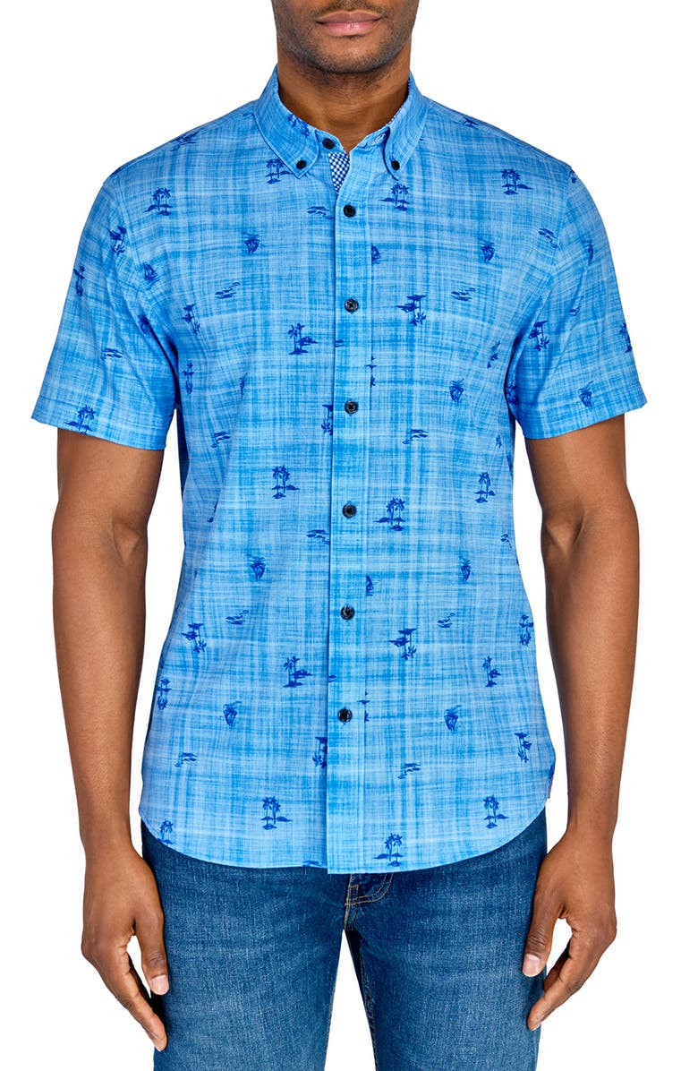 CONSTRUCT Slim Fit Island Recycled 4-Way Stretch Performance Short Sleeve Shirt, Main, color, Chambray Blue