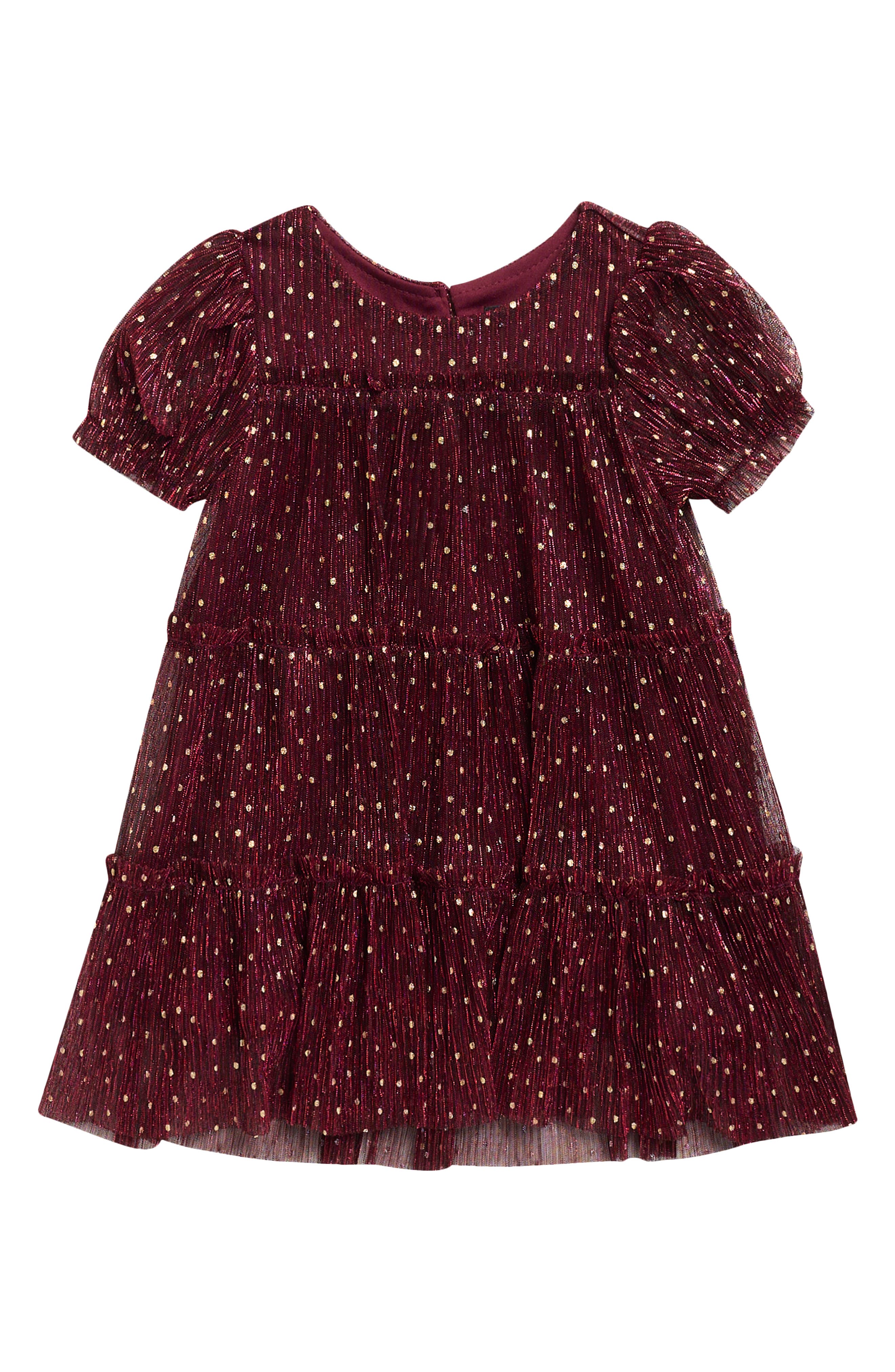 Puff Sleeve Plissé Foil Dot Tiered Dress