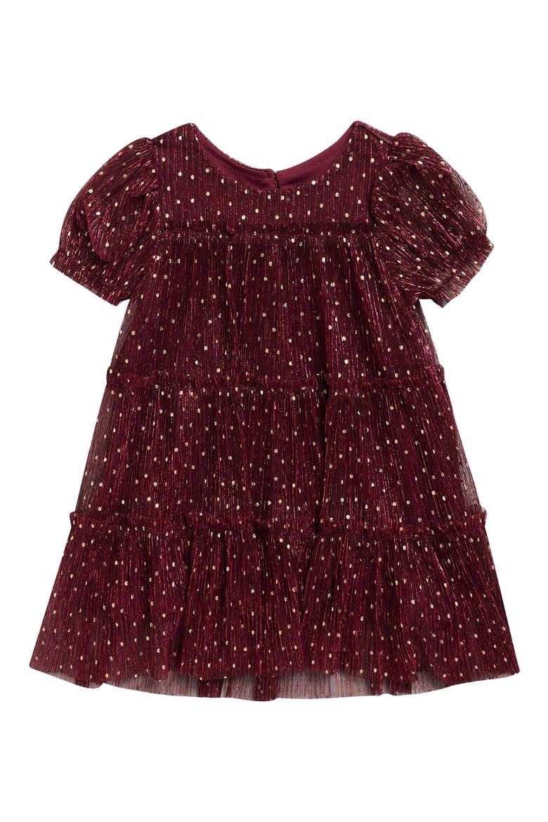 Puff Sleeve Plissé Foil Dot Tiered Dress, Main, color, CRANBERRY