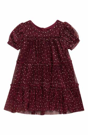 Puff Sleeve Plissé Foil Dot Tiered Dress