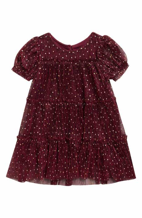 Puff Sleeve Plissé Foil Dot Tiered Dress