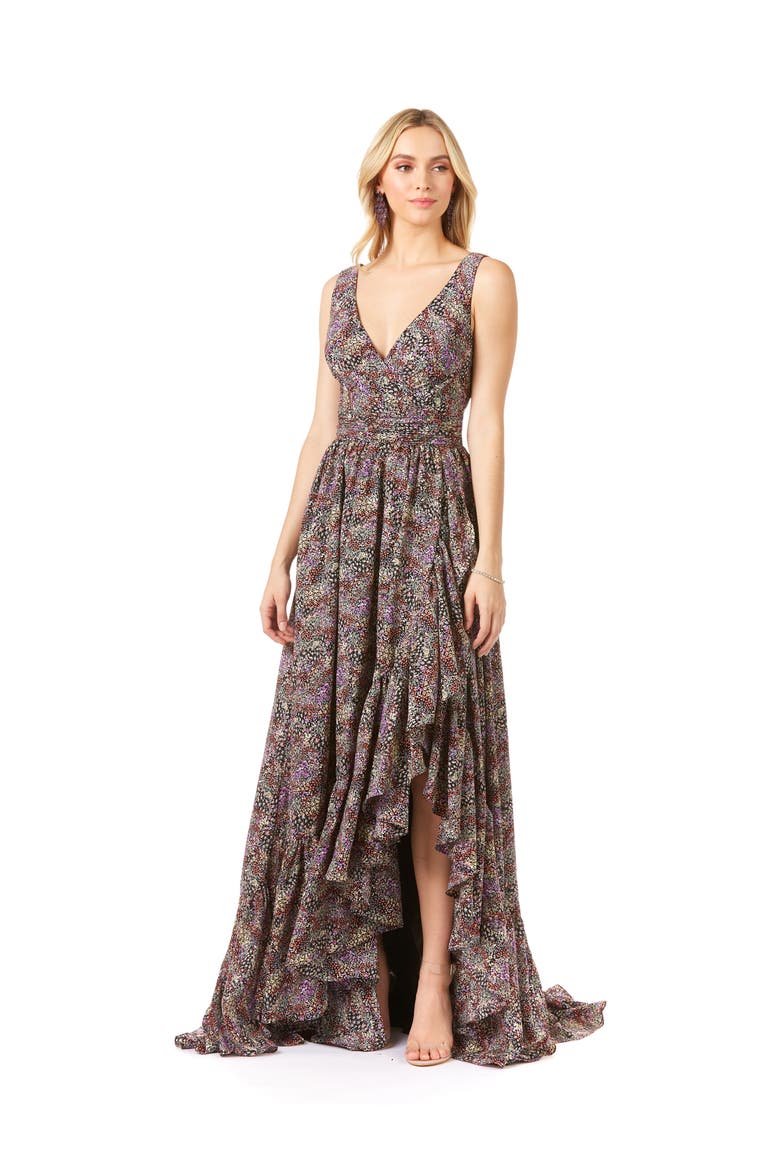 V-Neck Long Print Gown Hi-Low Wrap, Main, color, BlackPrint
