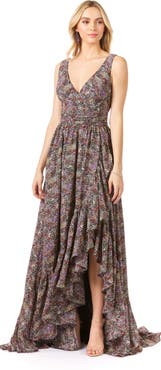 LARA New York V-Neck Long Print Gown Hi-Low Wrap