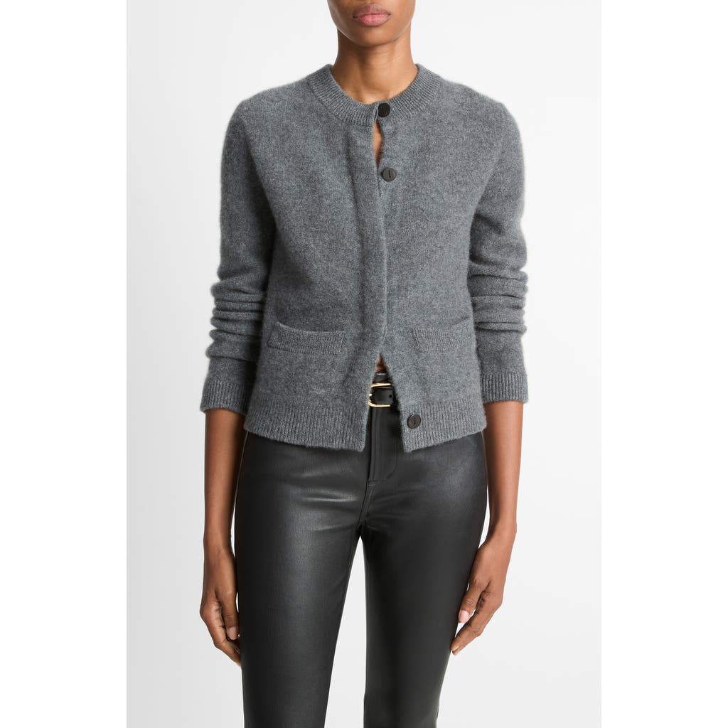 Vince Shrunken Boiled Cashmere Crewneck Cardigan In Gray