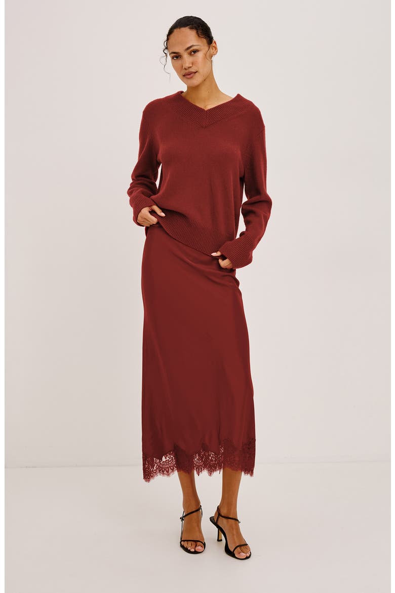 Ebony Lace Trim Midi Skirt, Alternate, color, CRIMSON