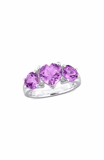 Sterling Silver Heart-Shape Amethyst 3-Stone Ring