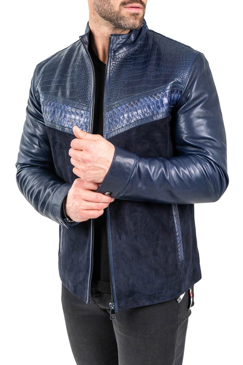 Pythonshield Blue Snakeskin Embossed Leather Jacket, Alternate, color, BLUE