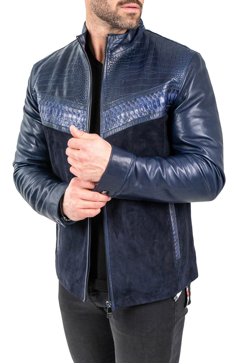 Maceoo Pythonshield Blue Snakeskin Embossed Leather Jacket, Alternate, color, Blue
