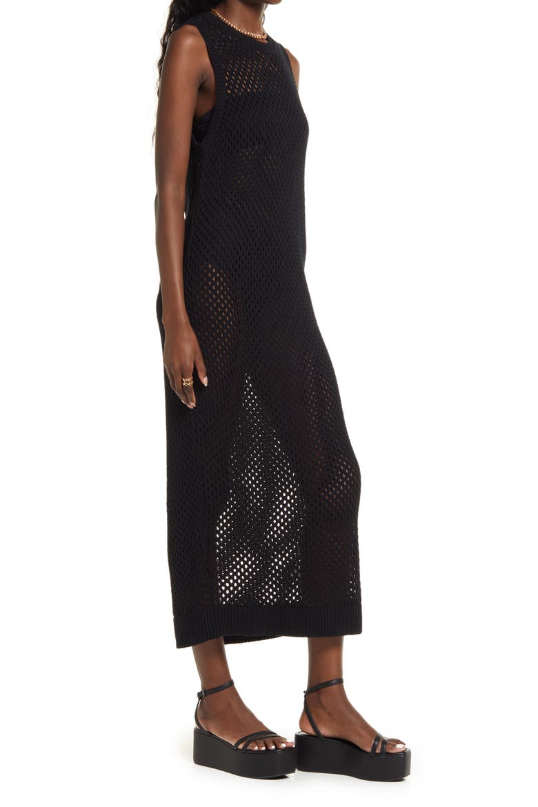 Open Stitch Sleeveless Cotton Blend Sweater Dress, Alternate, color, BLACK