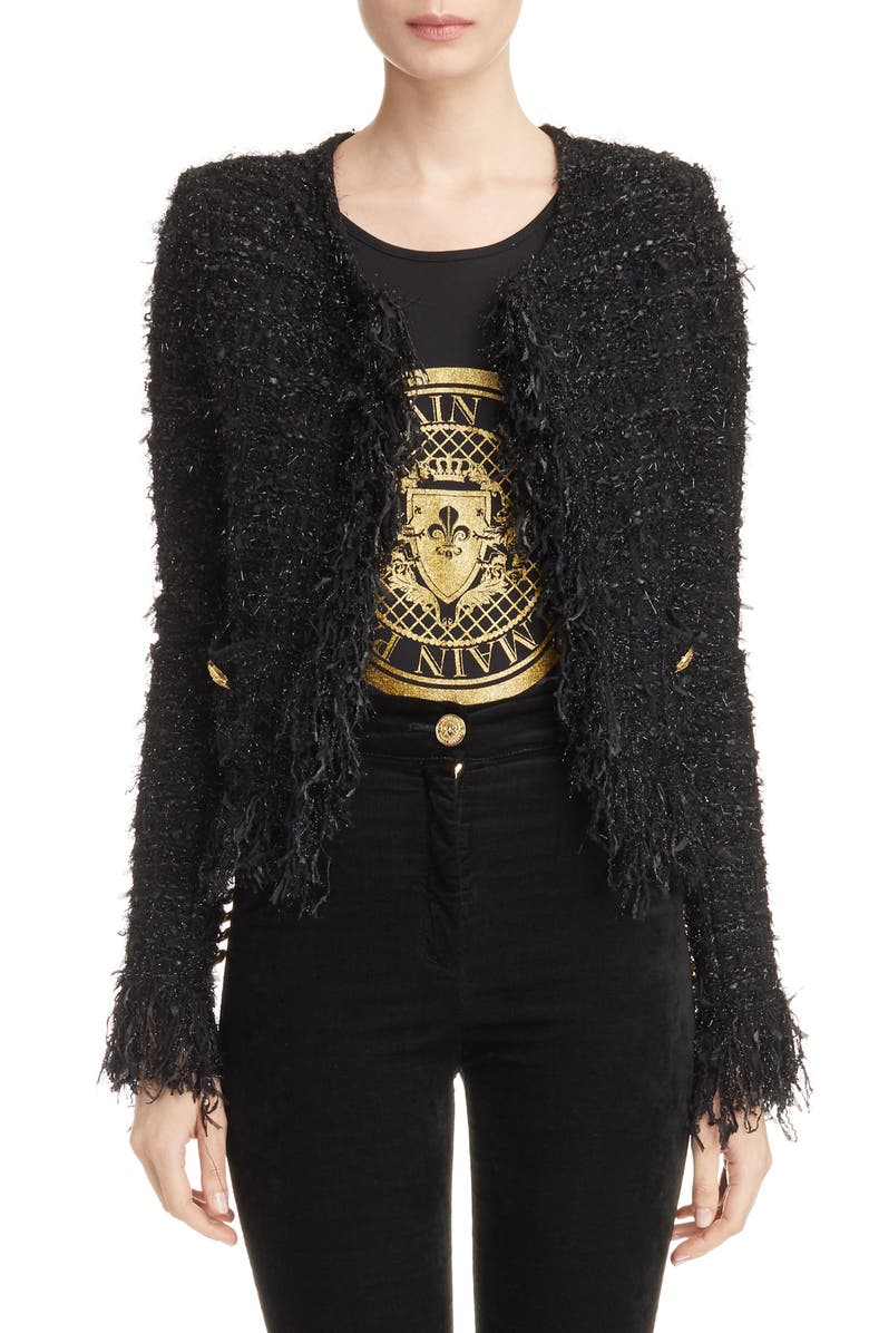 Balmain Fringe Trim Sweater Jacket, Main, color,