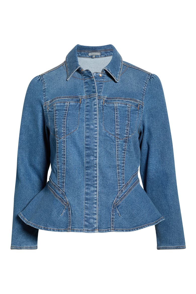 Peplum Denim Jacket, Alternate, color, MID BLUE