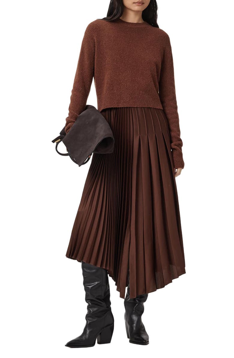 AllSaints Jax Wool Blend Sweater & Pleated Sleeveless Dress, Main, color, Chestnut Brown