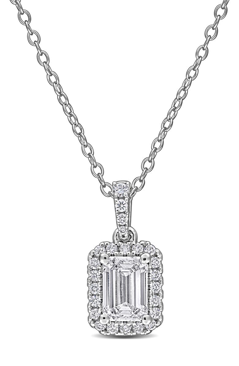 Created Forever Sterling Silver Emerald Cut Lab Grown Diamond Halo Pendant Necklace, Main, color, Silver