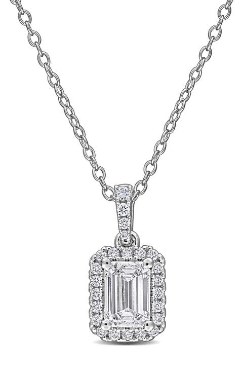 Sterling Silver Emerald Cut Lab Grown Diamond Halo Pendant Necklace