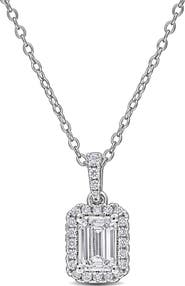 Created Forever Sterling Silver Emerald Cut Lab Grown Diamond Halo Pendant Necklace