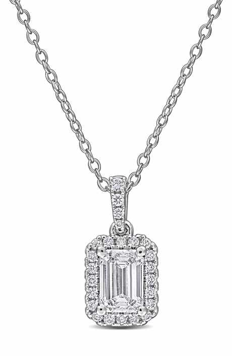 Created Forever Sterling Silver Emerald Cut Lab Grown Diamond Halo Pendant Necklace
