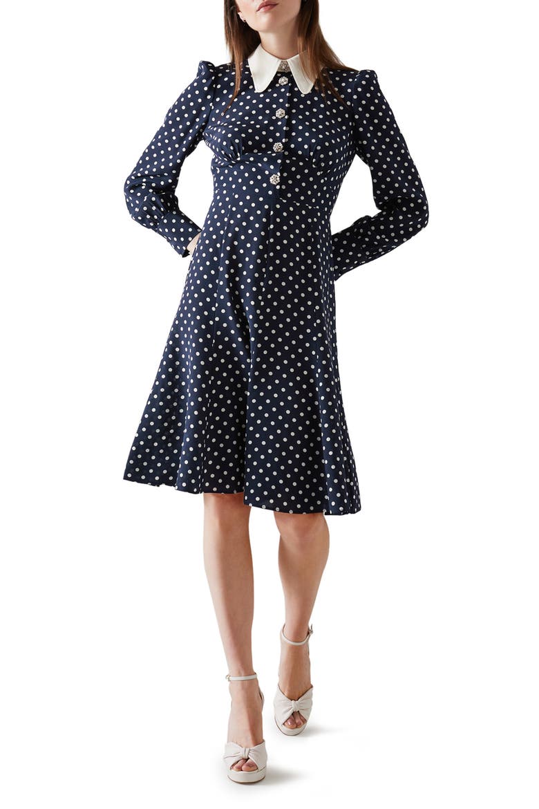 Mathilde Polka Dot Long Sleeve Silk Fit & Flare Dress, Main, color, SPRING NAVY/ ANTIQUE