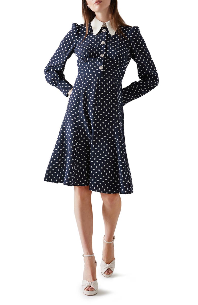 LK Bennett Mathilde Polka Dot Long Sleeve Silk Fit & Flare Dress, Main, color, Spring Navy/ Antique