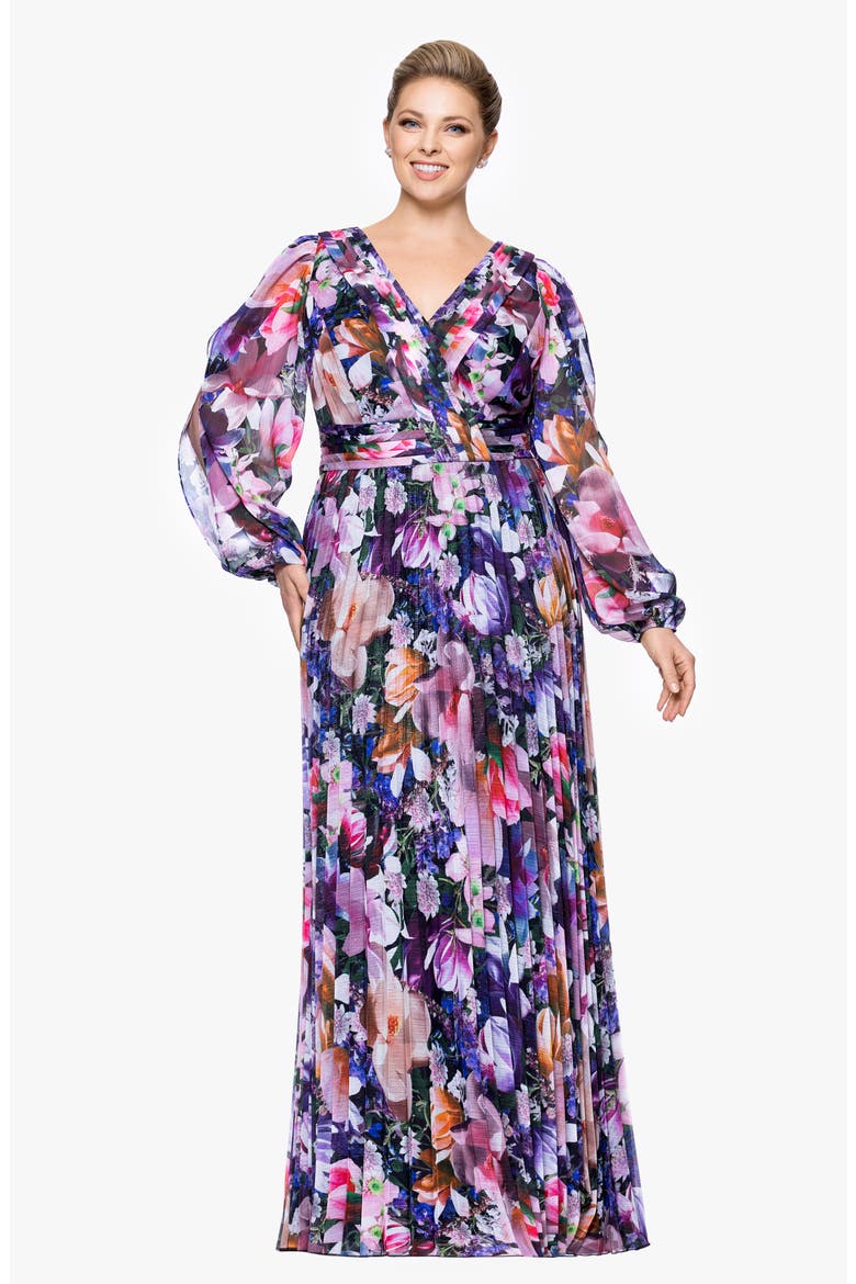 Metallic Floral Pleated Long Sleeve Gown, Alternate, color, PURPLE MULTI