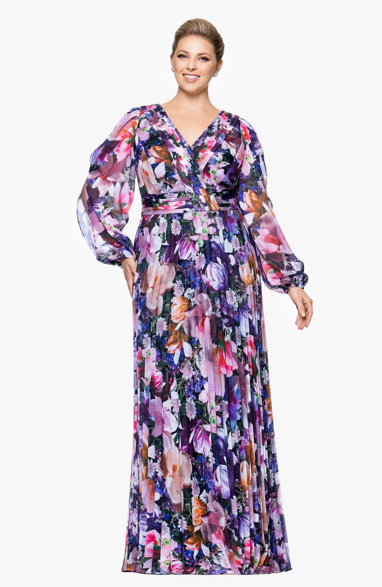 Betsy & Adam Metallic Floral Pleated Long Sleeve Gown, Alternate, color, Purple Multi