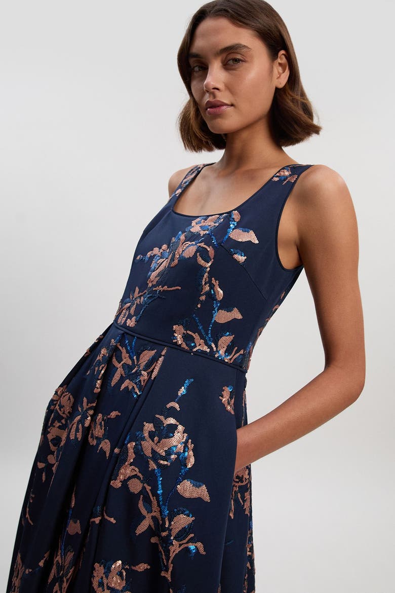 Petite Satin Sequin Prom Dress, Alternate, color, Navy
