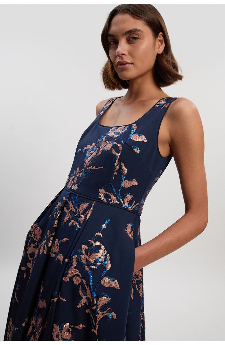 Karen Millen Petite Satin Sequin Prom Dress, Alternate, color, Navy