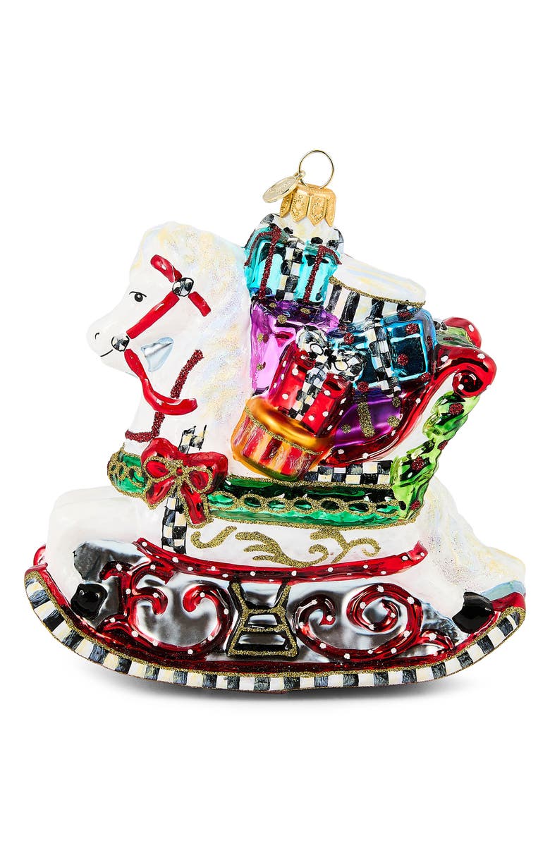 MACKENZIE CHILDS Rocking Horse with Gifts Glass Ornament, Main, color, White