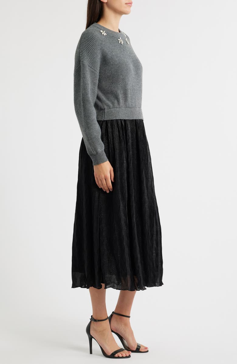 ZOE AND CLAIRE Mixed Media Embellished Long Sleeve Sweater Dress, Alternate, color, Grey/ Black