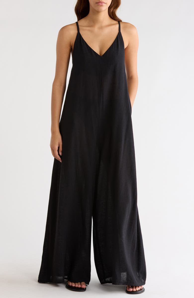 Elan Wide Leg Cotton & Linen Blend Cover-Up Jumpsuit, Main, color, Black
