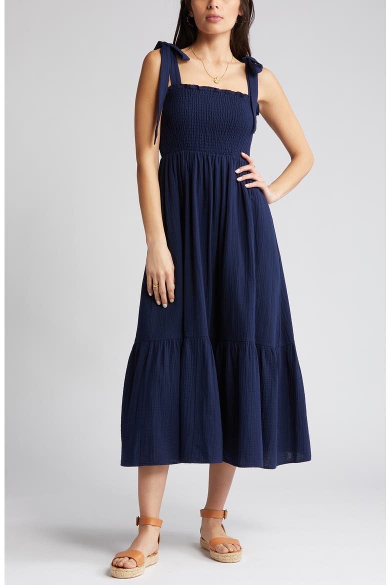 Smocked Tie Strap Cotton Gauze Midi Sundress, Alternate, color, NAVY PEACOAT