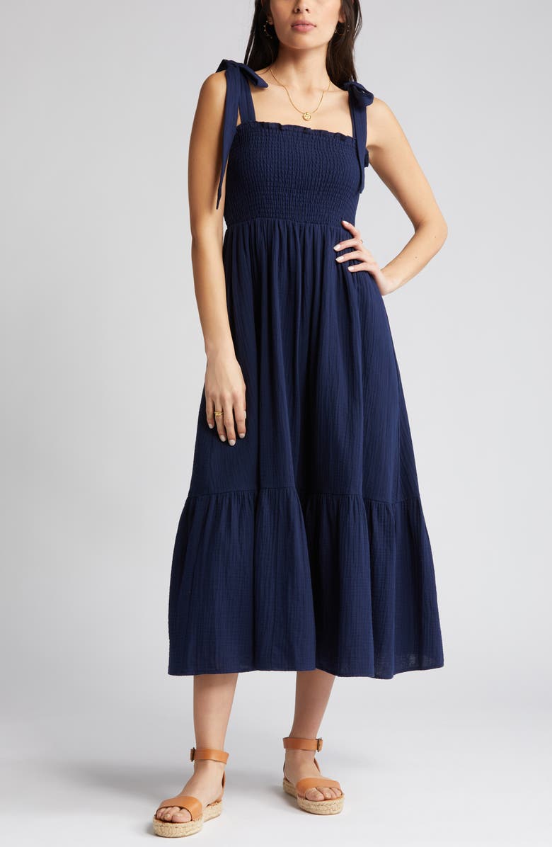 Caslon<sup>®</sup> Smocked Tie Strap Cotton Gauze Midi Sundress, Alternate, color,