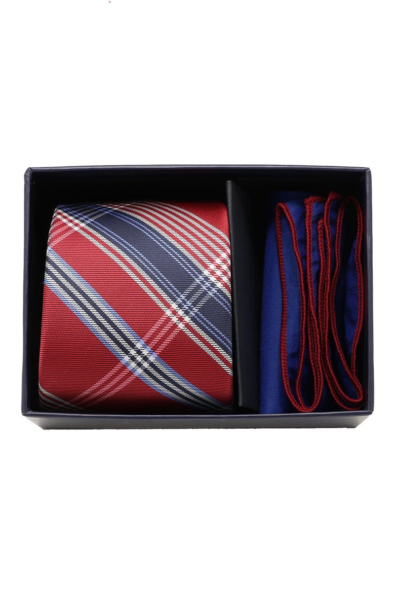 Plaid Tie & Pocket Square Box Set, Alternate, color, NAVY BURGUNDY