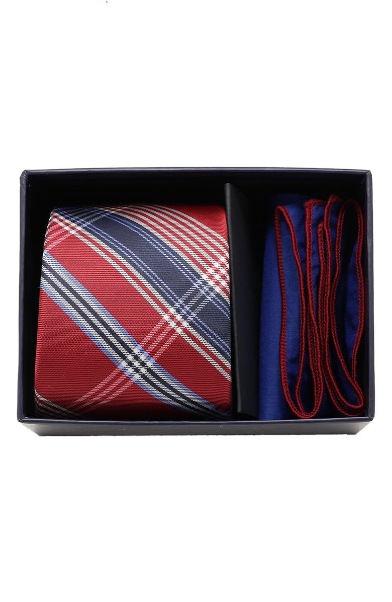 Ben Sherman Plaid Tie & Pocket Square Box Set, Alternate, color, Navy Burgundy