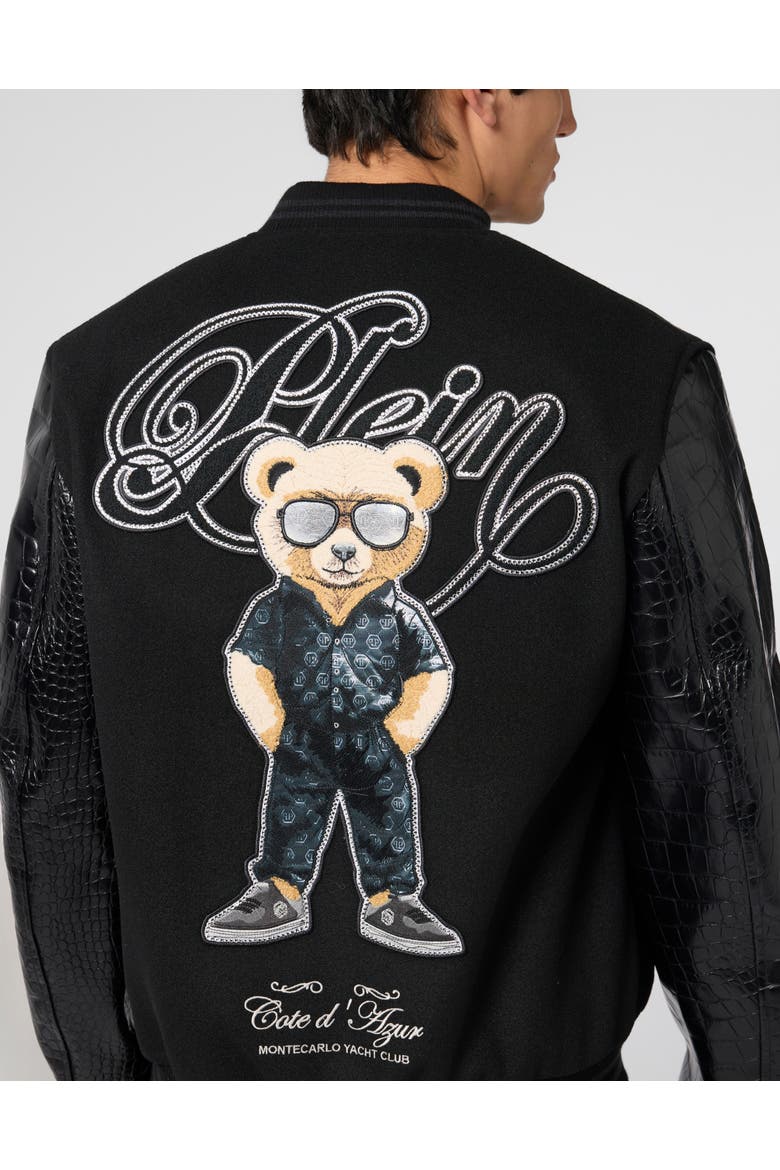 Varsity Bomber Jacket Teddy Racer Men, Alternate, color, black