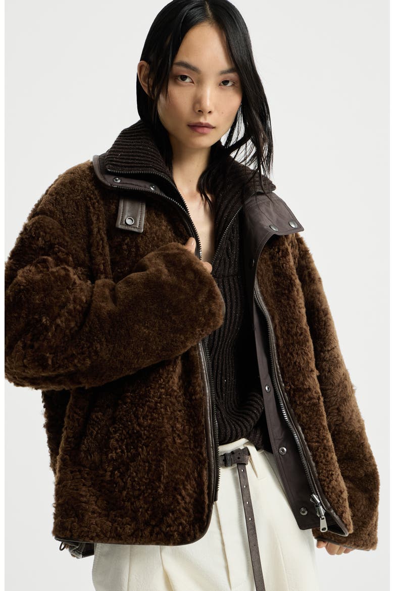 Fuzzy shearling reversible outerwear jacket with monili, Alternate, color, Brown