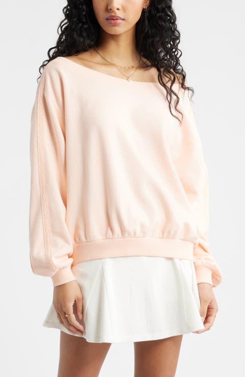 Lace Trim Off the Shoulder Cotton Blend Sweatshirt