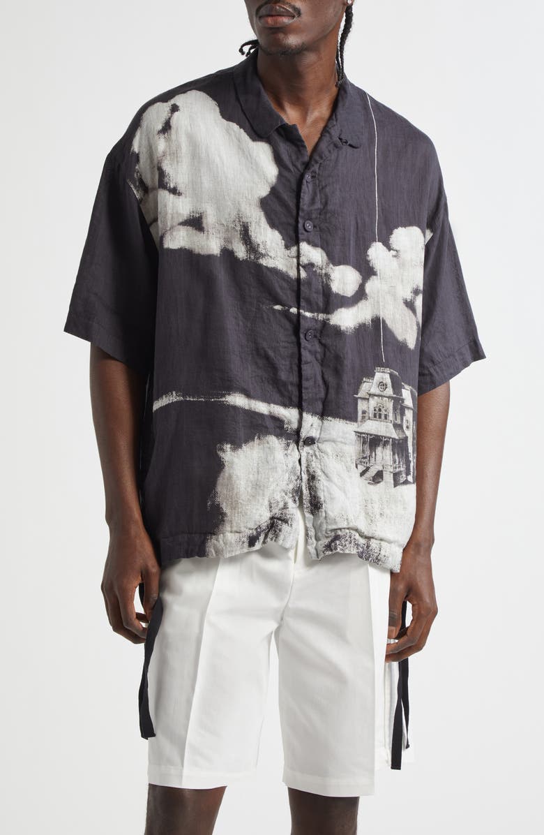 Undercover Oversize Short Sleeve Linen Button-Up Shirt, Main, color, Black Base