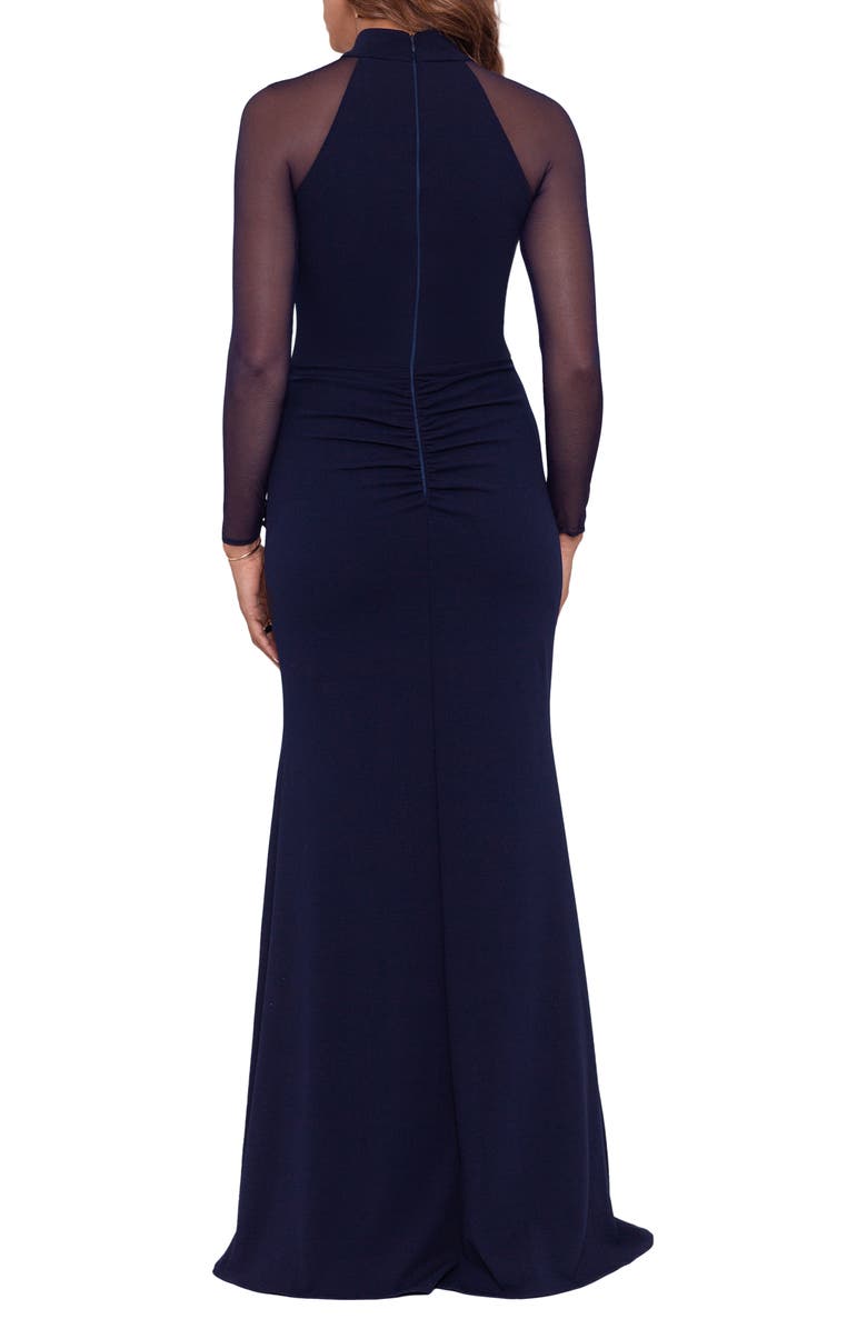 Betsy & Adam Illusion Mesh Long Sleeve Scuba Crepe Mermaid Gown, Alternate, color, 