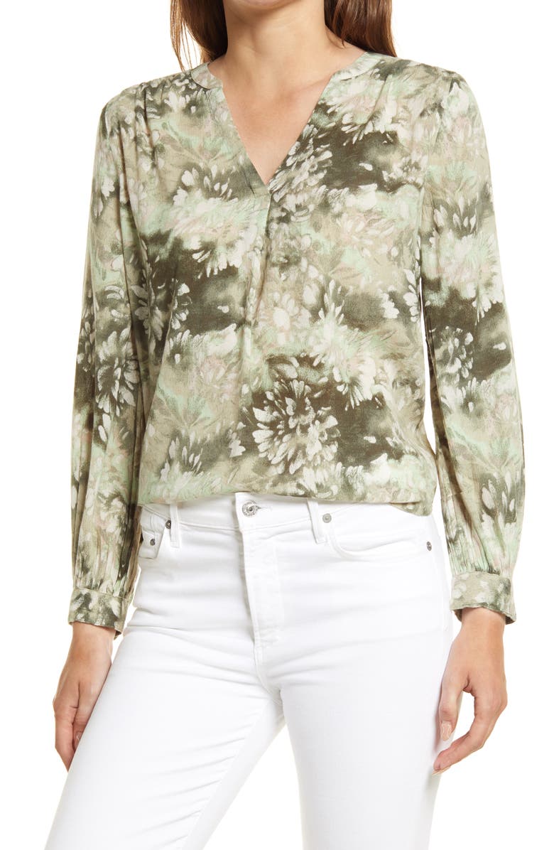 Caslon<sup>®</sup> V-Neck Long Sleeve Crinkle Crepe Shirt, Main, color, 