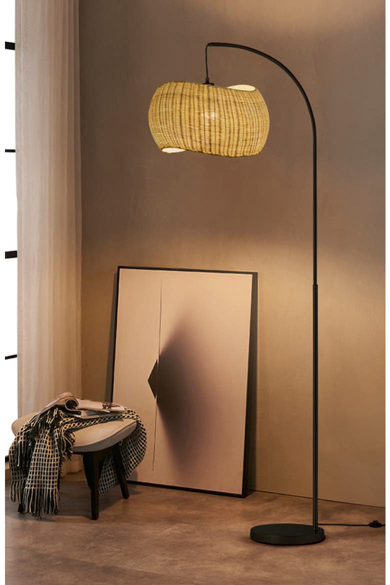 Wave 81" Pendant LED Unique Arc Floor Lamp with Rattan-Style Wicker Shade, Bulb Included, Alternate, color, Classic black