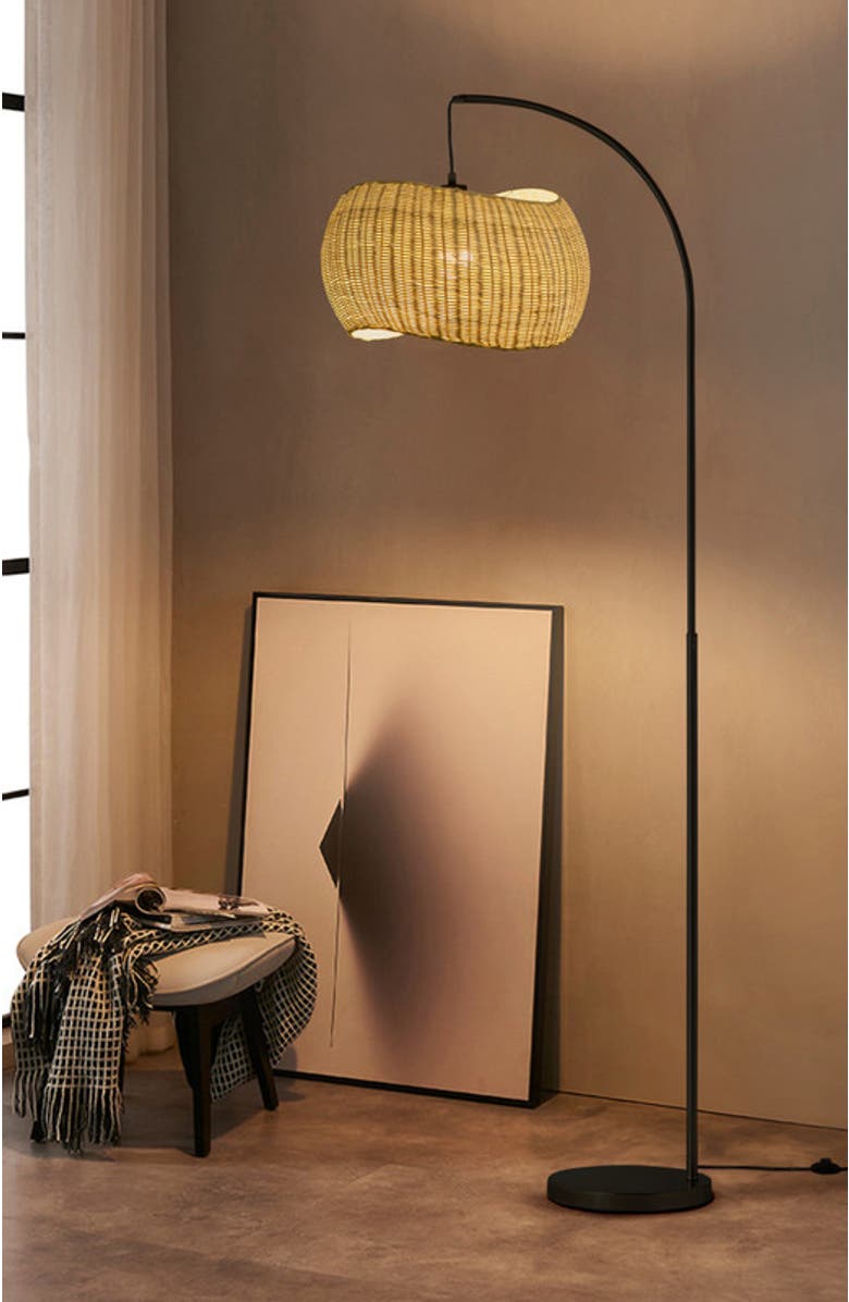 Brightech Wave 81" Pendant LED Unique Arc Floor Lamp with Rattan-Style Wicker Shade, Bulb Included, Alternate, color, Classic Black