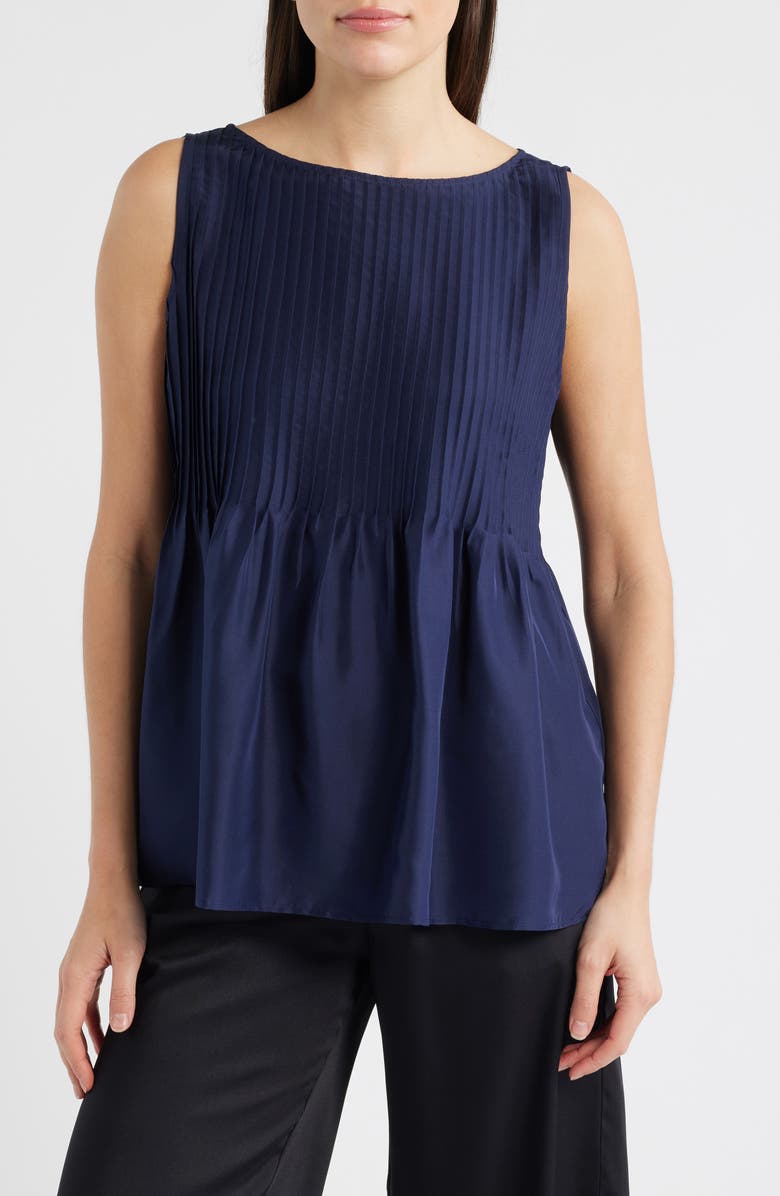 Eileen Fisher Pleated Silk Sleeveless Top, Main, color, Ink