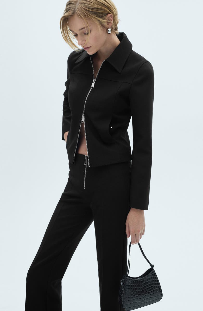 MANGO Zip Front Stretch Flare Pants, Alternate, color, Black