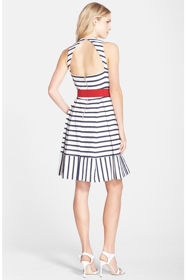 Belted Stripe Fit & Flare Dress, Alternate, color, NAVY/ IVORY