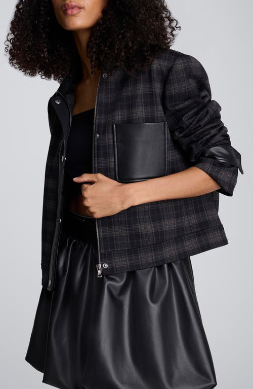 Kenneth Cole Plaid Crop Jacket With Faux Leather Trim In Black