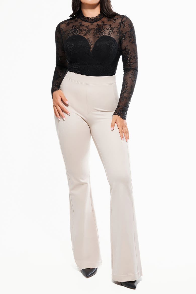 Shapewear Mock Neck Long Sleeve Floral Lace Bodysuit, Alternate, color, Midnight Black