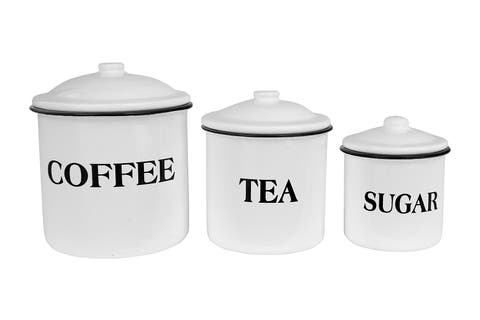 Farmhouse Enameled Metal Containers with "Coffee", "Tea", and "Sugar" Messages, White and Black, Set of 3 Sizes