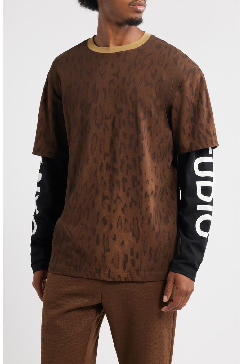 Preda Layered Look T-Shirt, Main, color, BROWN
