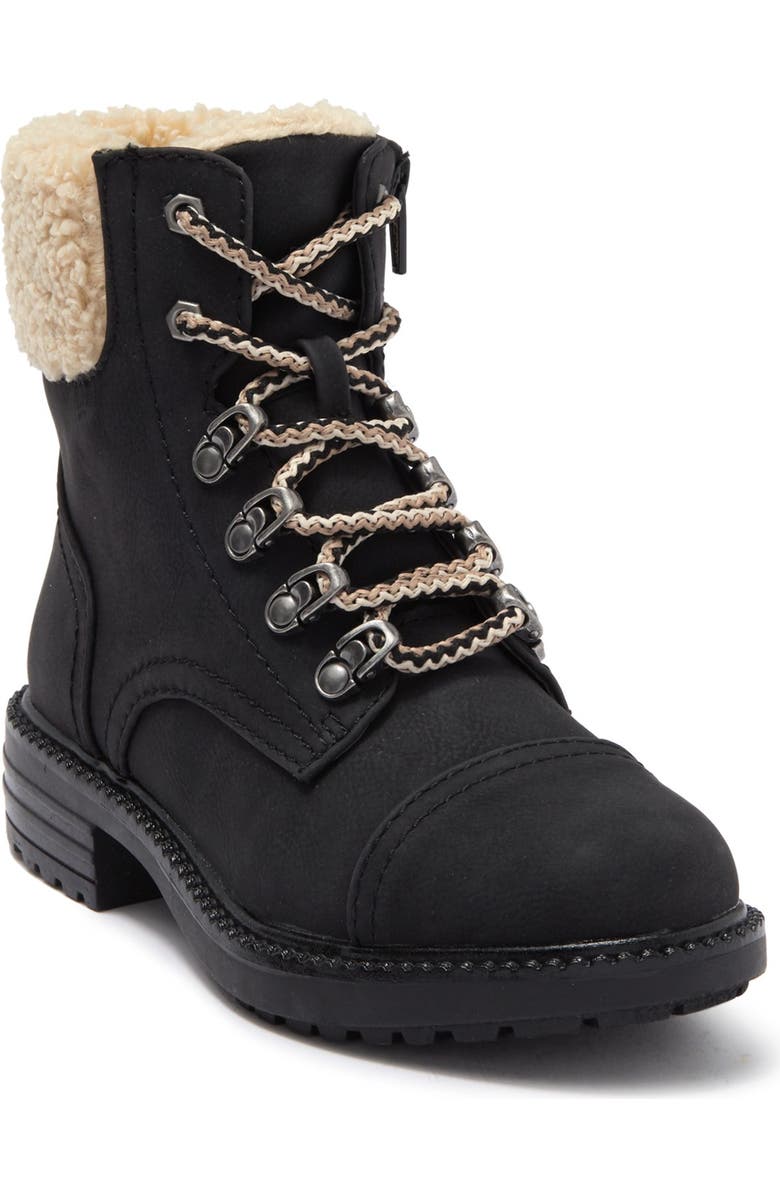 REPORT Faux Shearling Block Heel Combat Boot, Main, color,