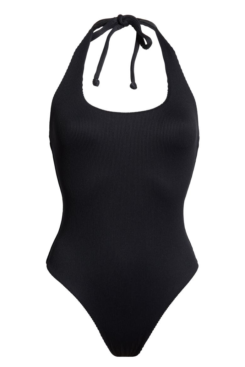 Scoop Neck Halter Cheeky One-Piece Swimsuit, Alternate, color, PITCH BLACK